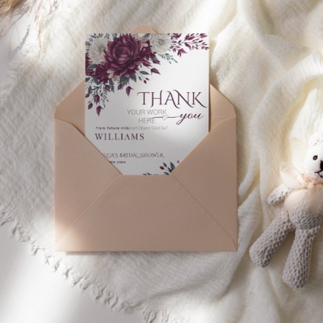 Love in Bloom Flowers Burgundy Cream Bridal Shower Thank You Card (Creator Uploaded)