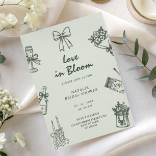 Love in bloom green hand drawn bridal shower invitation