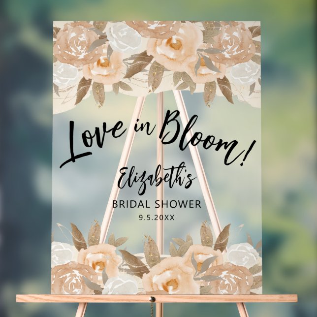 Love in Bloom Peach Flowers Bridal Shower Acrylic Sign (Neutral)