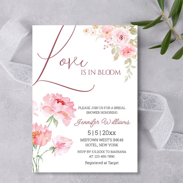 love in bloom pink blush flowers bridal shower  invitation (Creator Uploaded)