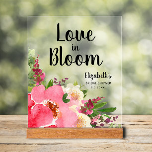Love in Bloom Pink Flowers Bridal Shower Acrylic Sign