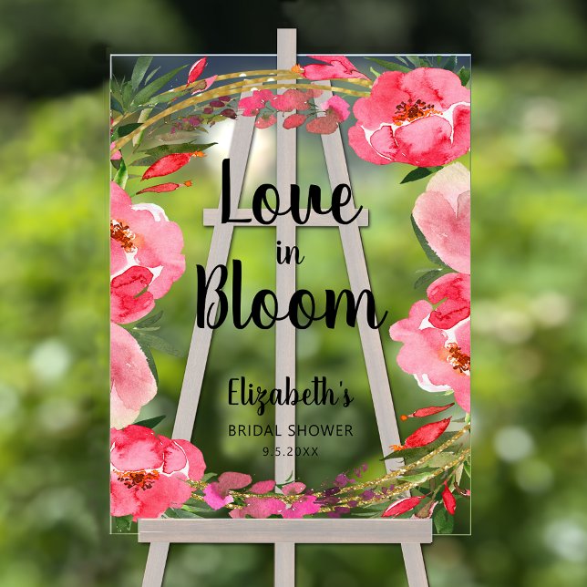 Love in Bloom Pink Flowers Bridal Shower Acrylic Sign (Love in Bloom pink floral border bridal shower acrylic 
sign)