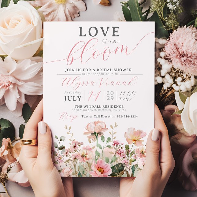 Love In Bloom Pink Wildflower Garden Bridal Shower Invitation (Love is in boom elegant cute pink floral wildflower bridal shower invitation, blush, green, blooming)