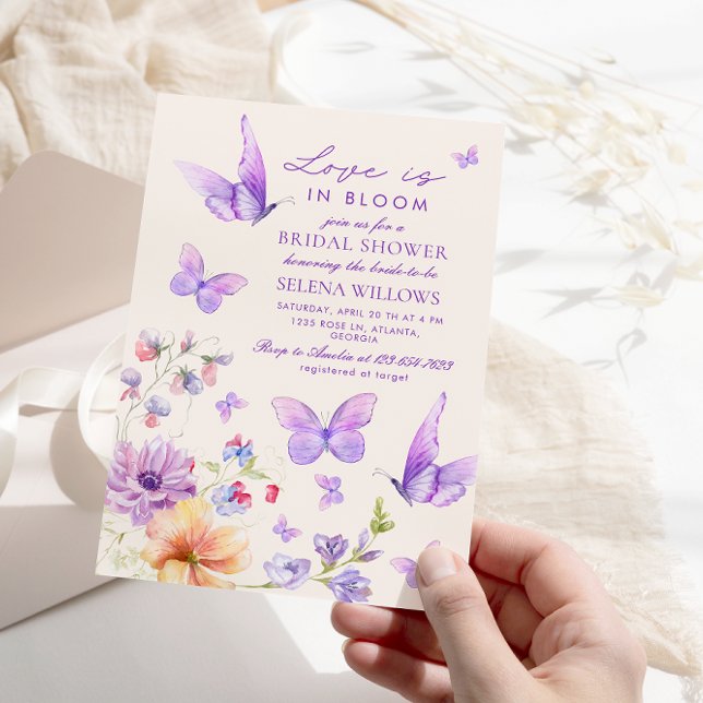 Love in Bloom Purple Butterflies Bridal Shower Invitation (Creator Uploaded)