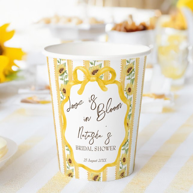 Love in bloom sunflowers bridal shower monogrammed paper cups (Love in bloom sunflowers bridal shower monogrammed paper cups yellow retro stripes personalized cups)
