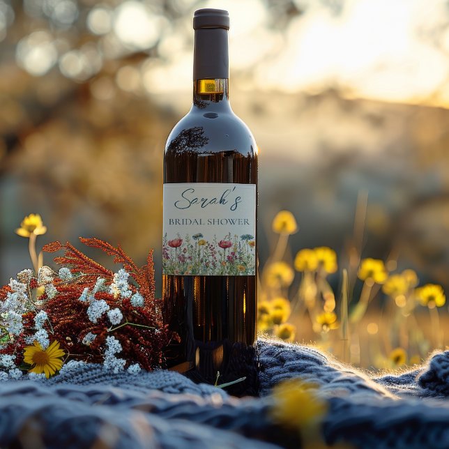 Love in Bloom Watercolor Wildflower Bridal Shower Wine Label (Creator Uploaded)