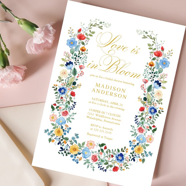 Love in Bloom Wild Flowers Golden Bridal Shower Invitation (Creator Uploaded)