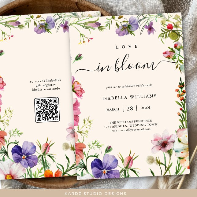 Love in Bloom Wildflower Floral Bridal Shower Invitation (nvite shown in 5 x 7 inches, choose size, paper and corner style. Buy print or digital invitations.)