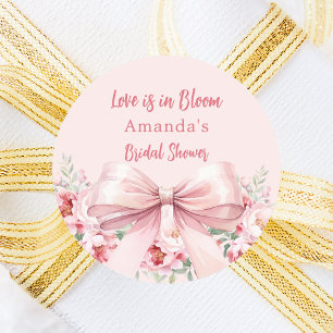 Love in Bloon florals bow pink Bridal Shower Classic Round Sticker