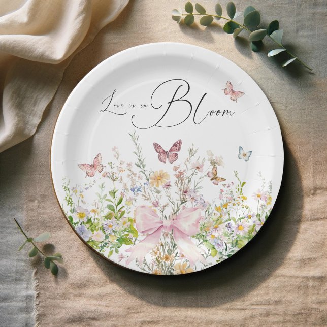Love in Boom Wildflower Pink Bow Bridal Shower Paper Plate (Creator Uploaded)