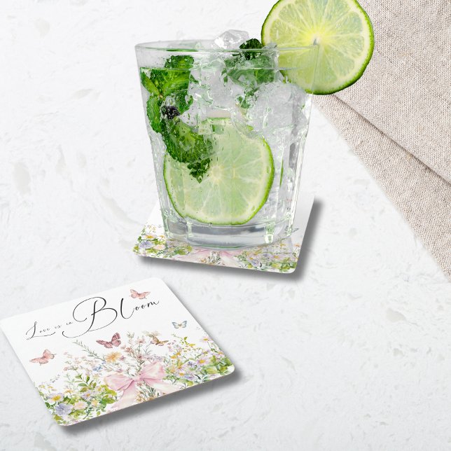 Love in Boom Wildflower Pink Bow Bridal Shower Square Paper Coaster (Creator Uploaded)