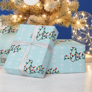 "Love" in Christmas Lights, White Snowflakes, Blue Wrapping Paper