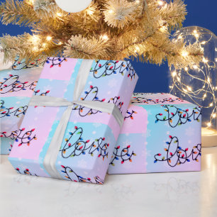 "Love" in Christmas Lights, White Snowflakes Wrapping Paper