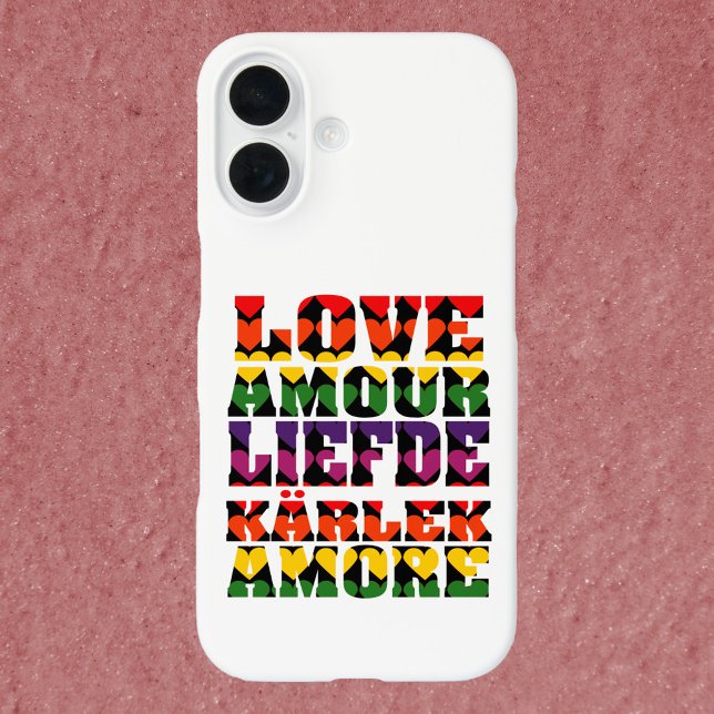 Love in Different Languages Dark Rainbow iPhone 16 Case (A phone case that says love in different languages with rainbow hearts.)