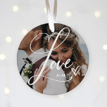Love in Elegant Script | Two Photos with Heart Ceramic Tree Decoration<br><div class="desc">This beautiful Christmas ornament features the word "Love" in elegant, swirly calligraphy script, with two of your favourite photos and a handwritten scribbled heart. You can add your initials or monogram, or the name of any loved ones such as your mum, grandma, family, or spouse. Also makes the perfect holiday...</div>