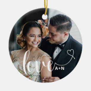 Love in Elegant Script   Two Photos with Heart Ceramic Tree Decoration