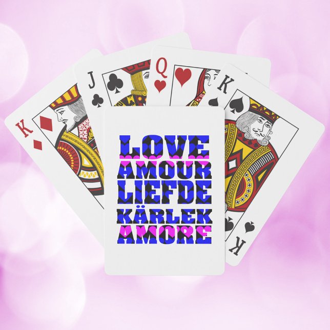 Love in Foreign Languages Hearts Blue Pink Playing Cards (A deck of playing cards that says love in a variety of languages on the back with pink & blue hearts)