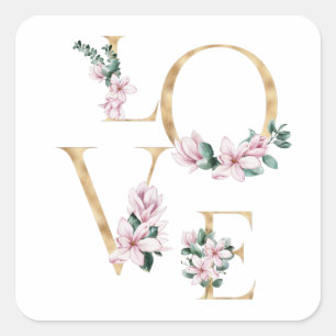 Love in gold letter with magnolia flowers square sticker