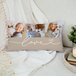 Love in Heart Script Beige Custom 3 Photo Collage Lumbar Cushion