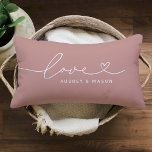 Love in Heart Script Dusty Rose Custom Typography Lumbar Cushion<br><div class="desc">Modern and stylish custom lumbar throw pillow design features a simple and minimal "Love" typography design that includes flourish and heart details. Personalise the uppercase text below with a monogram for a couple or family, a quote, or other preferred text. The dusty neutral rose dust pink and white colours can...</div>