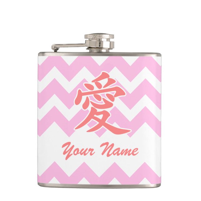 Love in Japanese with Pink Chevron Pattern Hip Flask (Front)