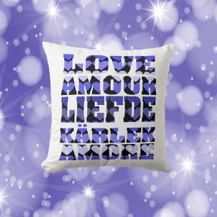 Love in Many Languages Blue Hearts Throw Pillow