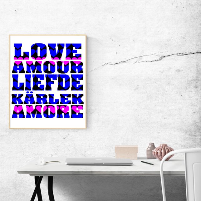 Love in Many Languages Blue Pink Hearts Poster (A poster that says love in foreign languages with blue and pink hearts.)