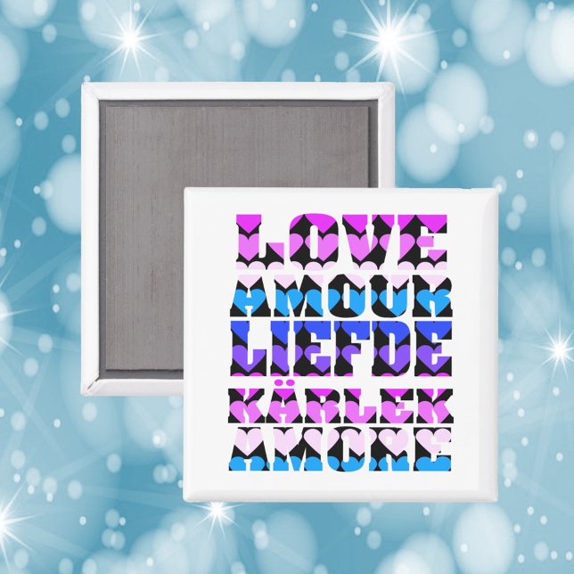 Love in Many Languages Hearts Pink Blue Purple  Magnet (A magnet that says love in a variety of languages in pink, blue and purple.)