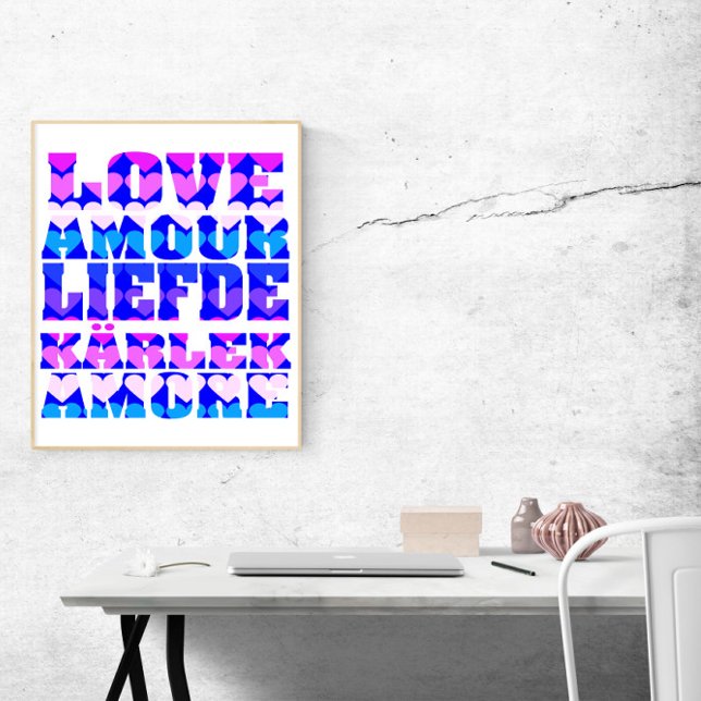 Love in Many Languages Pink Purple Blue Poster (A poster that says love in many languages with pink, purple and blue hearts.)