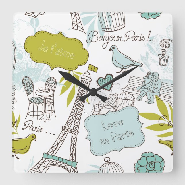 Love in Paris Pattern Square Wall Clock (Front)
