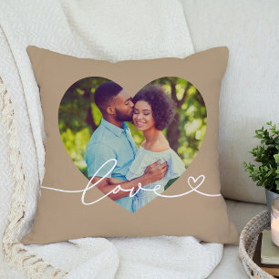 Love in Script Brown Custom Heart Shaped Photo Cushion