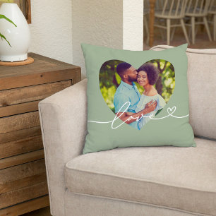 Love in Script Green Custom Heart Shaped Photo Cushion