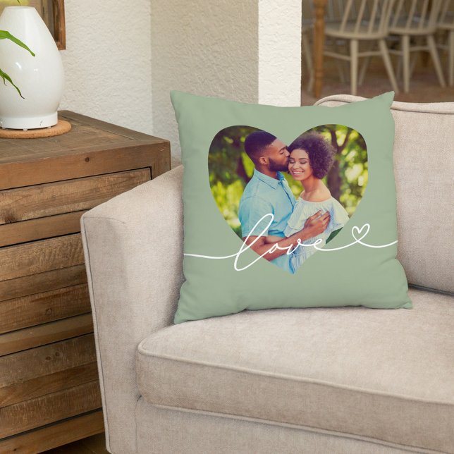Love in Script Green Custom Heart Shaped Photo Cushion (Creator Uploaded)
