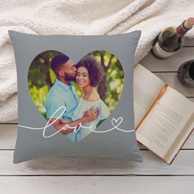 Love in Script Grey Custom Heart Shaped Photo Cushion (Creator Uploaded)