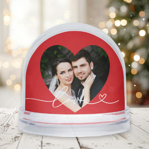 Love in Script Red Custom Heart Shaped Photo Snowglobe
