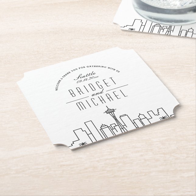 Love in Seattle | City Skyline Welcome Paper Coaster (Angled)
