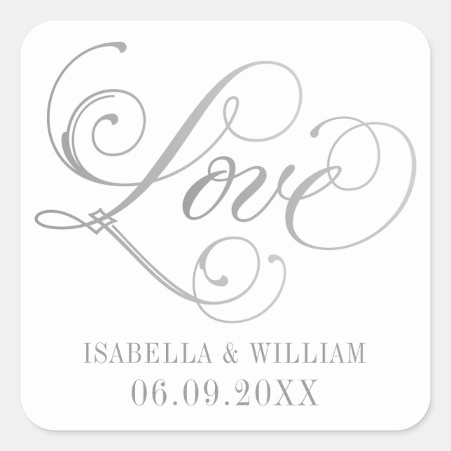Love in Silver Elegant Script Wedding Monogram Square Sticker (Front)