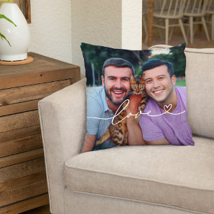 Love in White Script with Heart Custom Photo Cushion