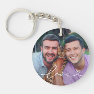 Love in White Script with Heart Custom Photo Key Ring
