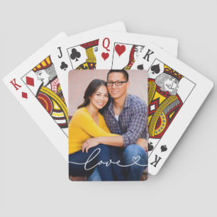 Love in White Script with Heart Custom Photo Playing Cards