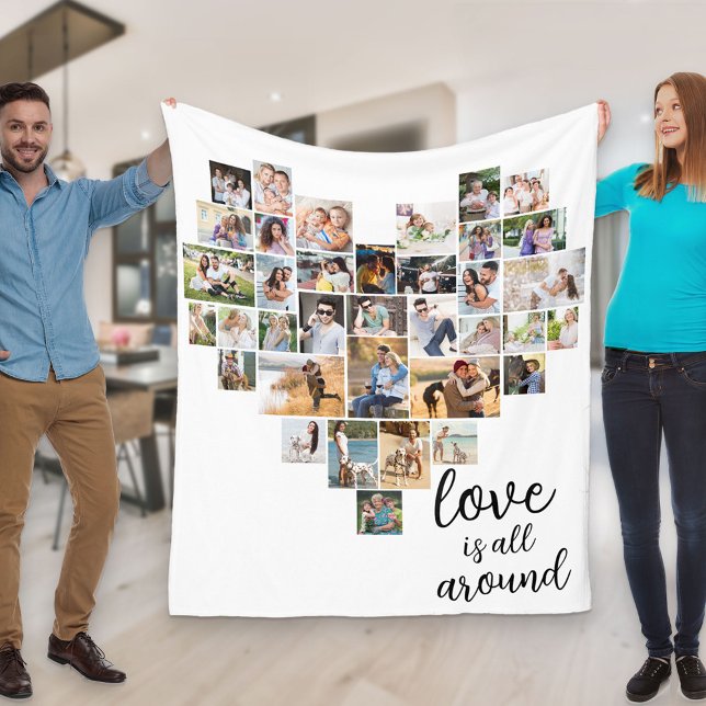 Love is all Around Heart Shape 36 Photo Collage Fleece Blanket (Creator Uploaded)