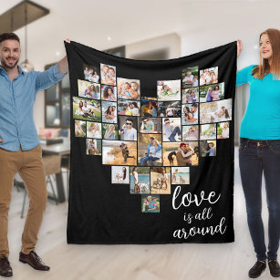 Love is all Around Heart Shaped 36 Photo Collage Fleece Blanket