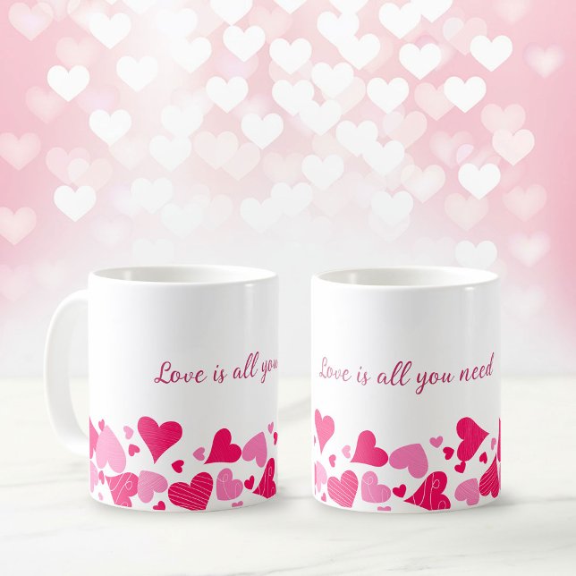 Love Is All You Need Heart Border Coffee Mug ("Love is all you need" coffee mug with a border of hearts)
