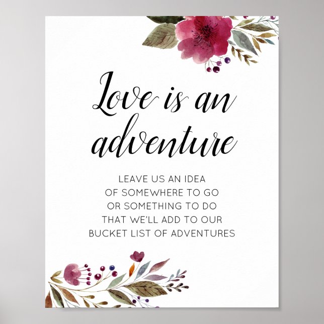 Love Is An Adventure Burgundy Flowers Wedding Poster (Front)