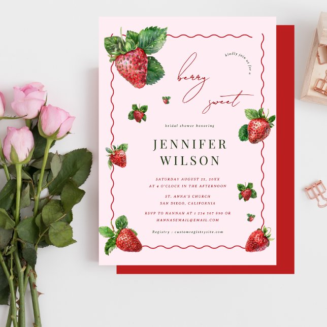 Love is Berry Sweet Pink Strawberry Bridal Shower Invitation (Creator Uploaded)