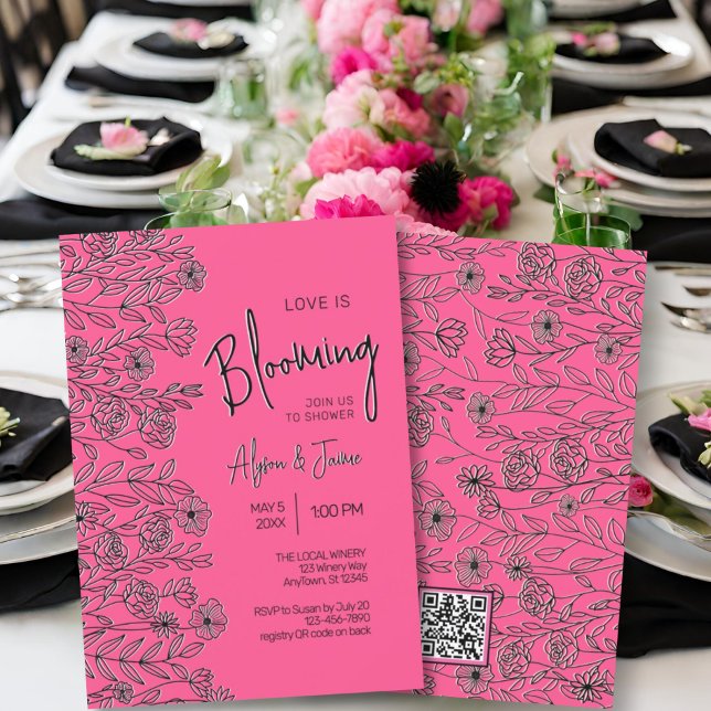 Love is blooming bright pink & black floral shower invitation (Creator Uploaded)