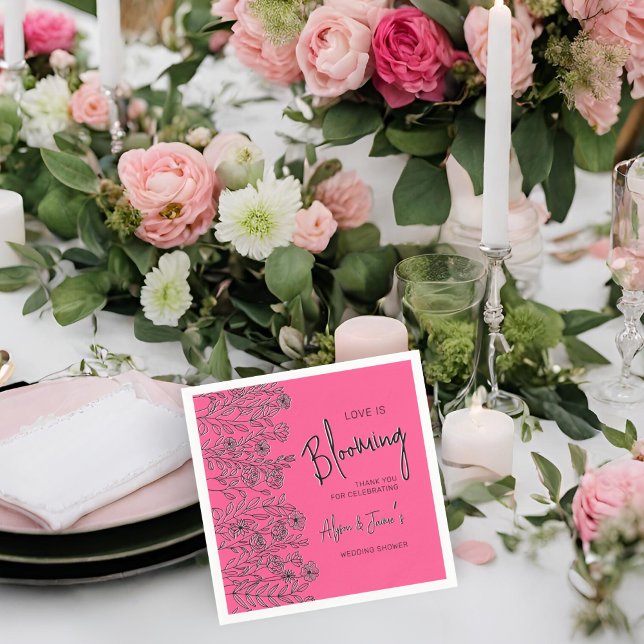 Love is blooming pink & black floral bridal shower napkin (Creator Uploaded)