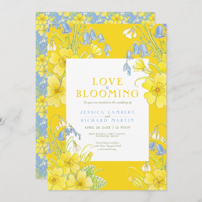 Love is blooming spring flower yellow wedding invitation (Front/Back)