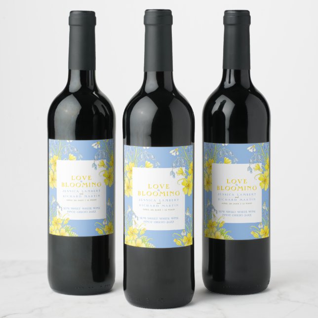 Love is blooming spring flowers blue wedding wine label (Bottles)