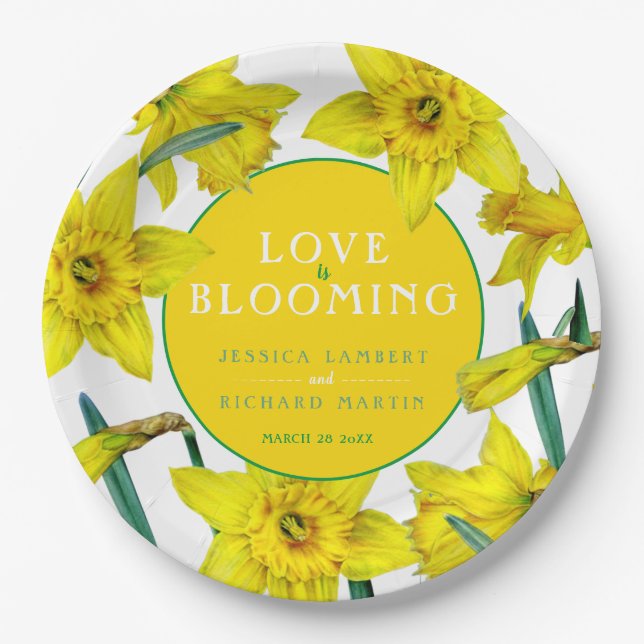 Love is blooming watercolor yellow spring wedding paper plate (Front)